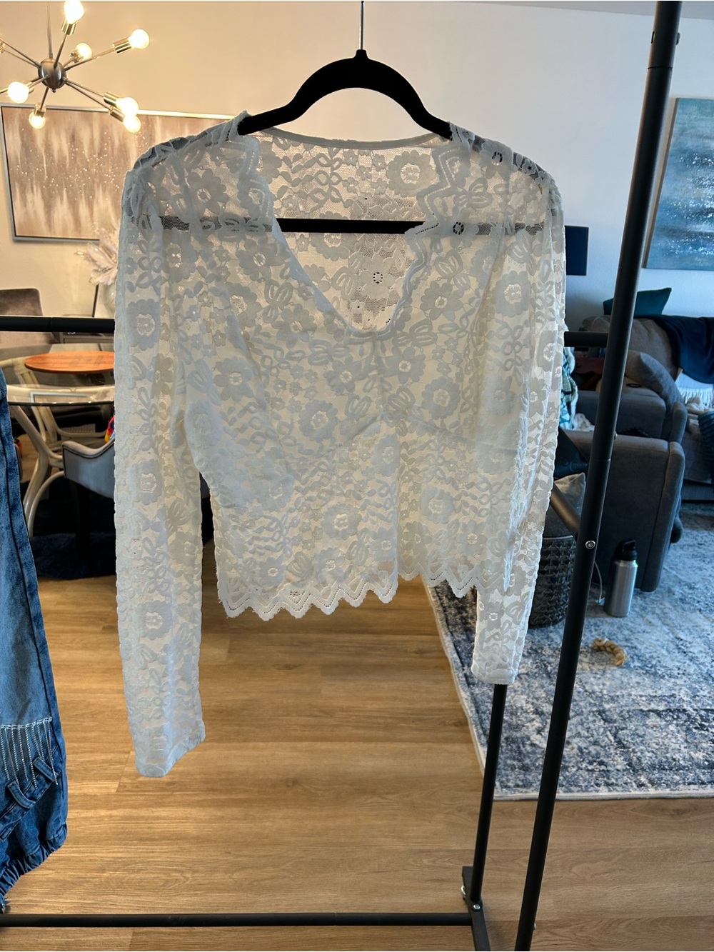 SHEIN White Floral Lace V-Neck Long Sleeve Top